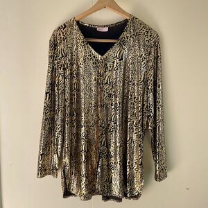 Lauren Lee Vintage Blouse Gold Shiny Vegas Cheetah Animal Print Flashy Top *READ